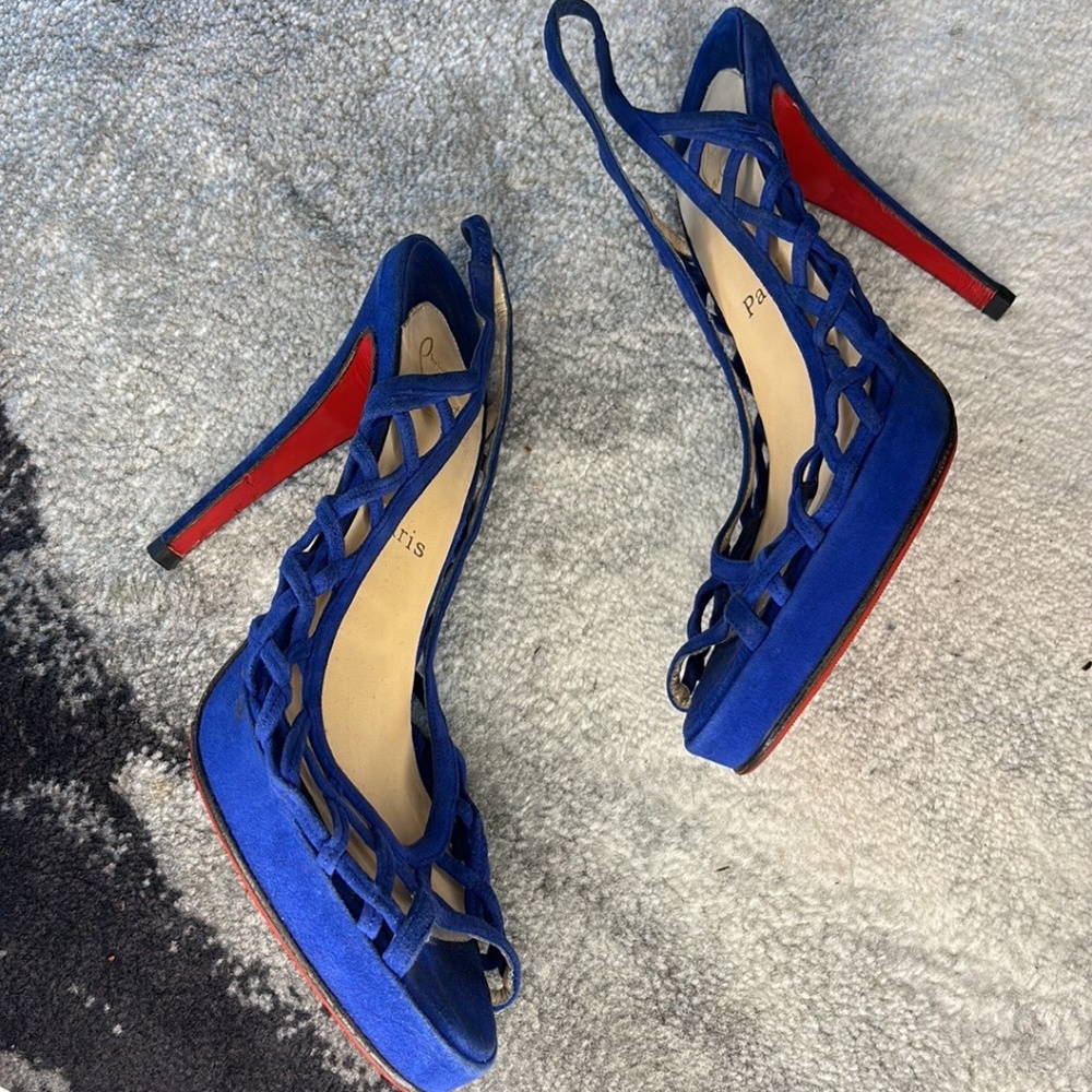 Christian Loubotin Cobalt Blue Caged Slingback Suede Heels  Size 41